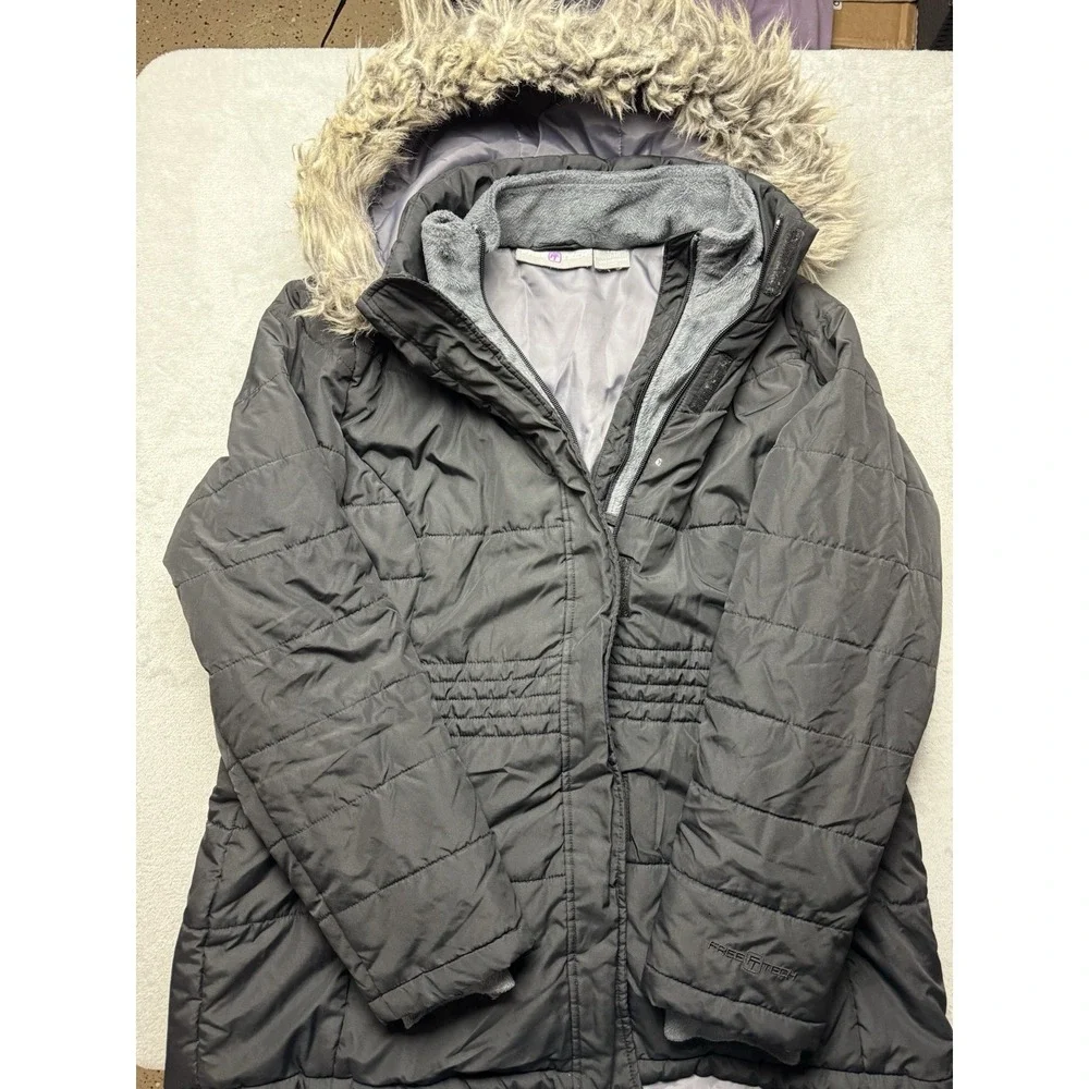 Free Tech Girls Gray Hooded Puffer Jacket Faux Fur Trim Mid-Length Size 12-14